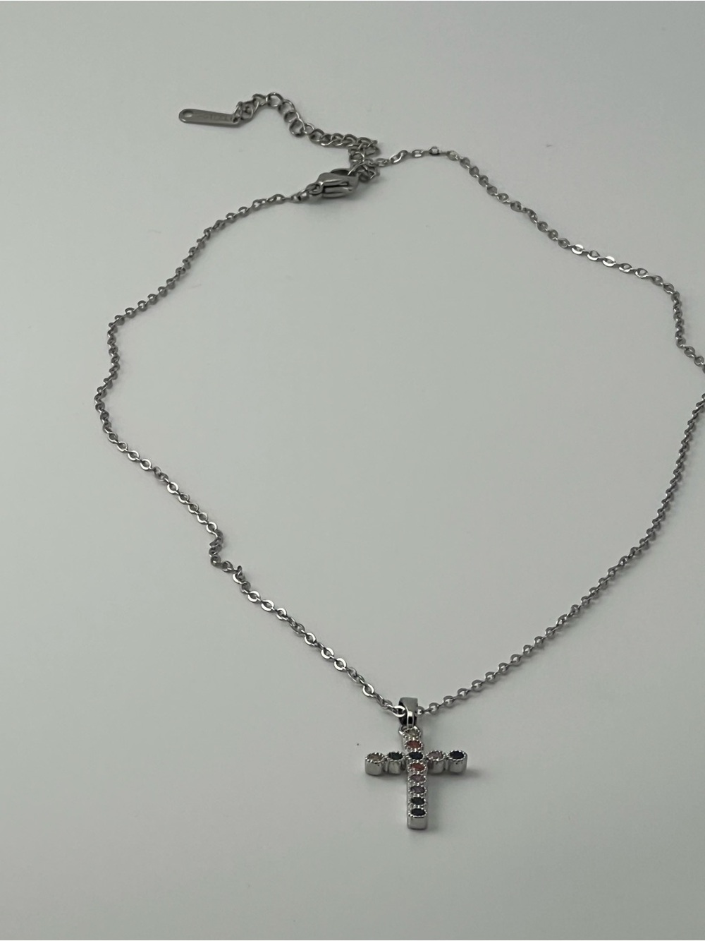 Delicate Silver Cross Necklace with Crystal Accents